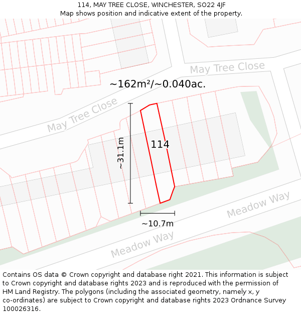 114, MAY TREE CLOSE, WINCHESTER, SO22 4JF: Plot and title map