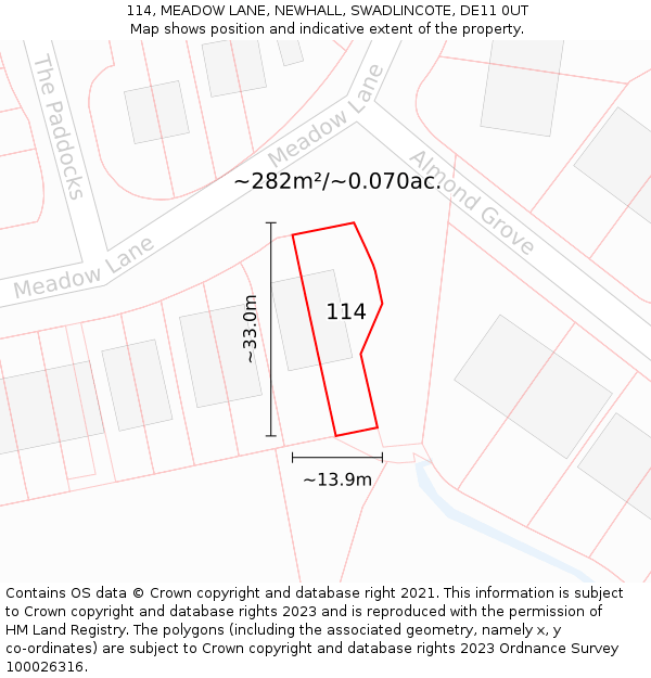 114, MEADOW LANE, NEWHALL, SWADLINCOTE, DE11 0UT: Plot and title map