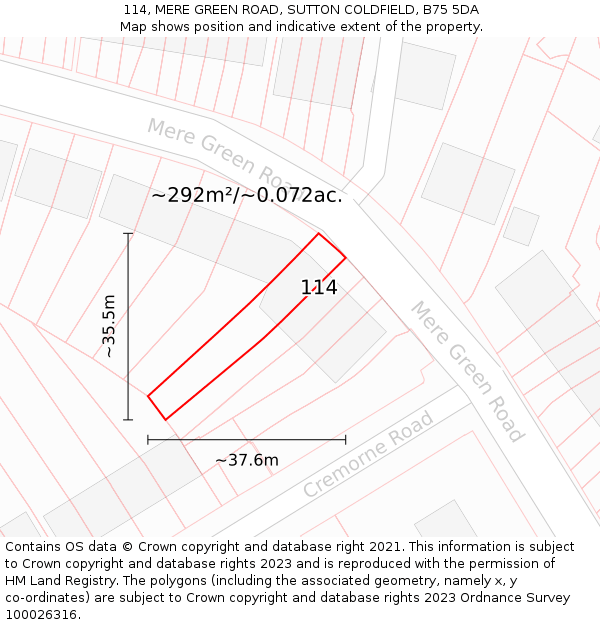114, MERE GREEN ROAD, SUTTON COLDFIELD, B75 5DA: Plot and title map
