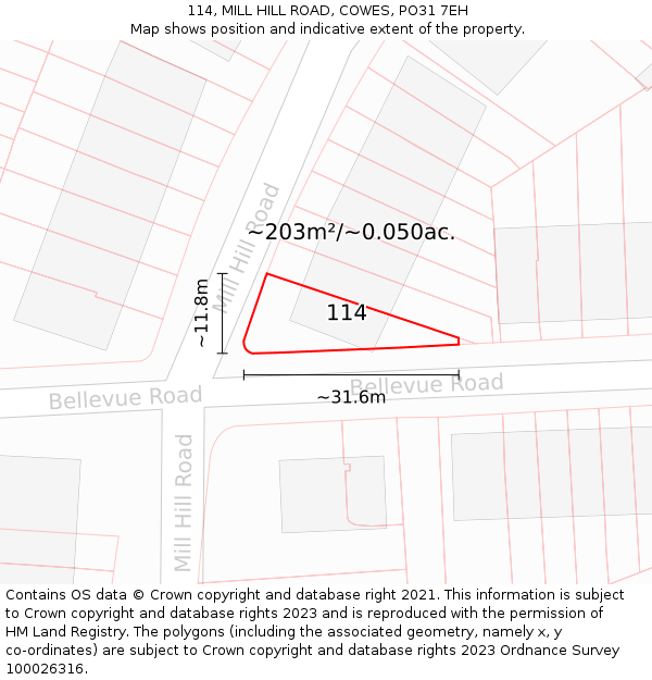 114, MILL HILL ROAD, COWES, PO31 7EH: Plot and title map