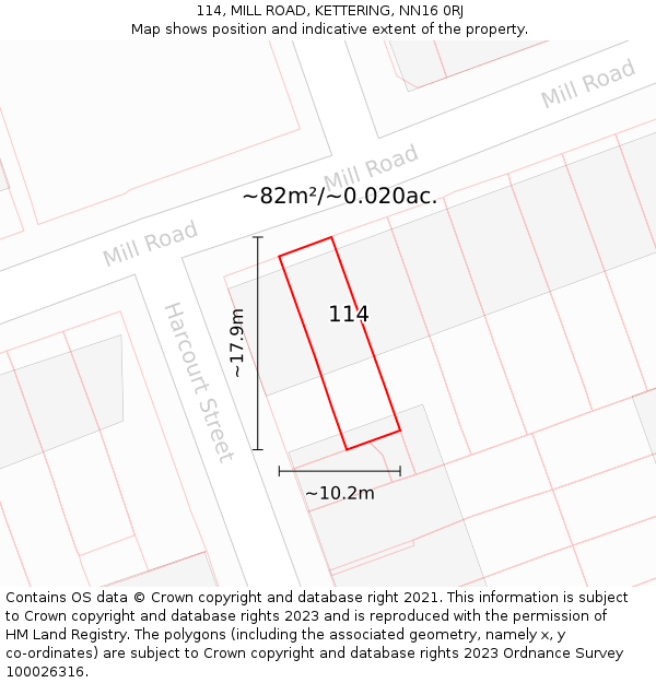 114, MILL ROAD, KETTERING, NN16 0RJ: Plot and title map
