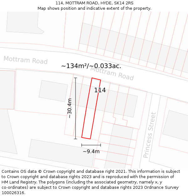 114, MOTTRAM ROAD, HYDE, SK14 2RS: Plot and title map