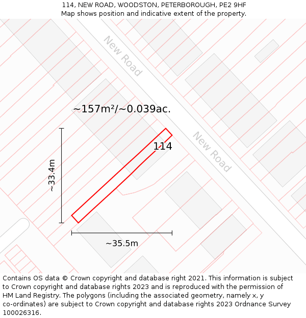 114, NEW ROAD, WOODSTON, PETERBOROUGH, PE2 9HF: Plot and title map