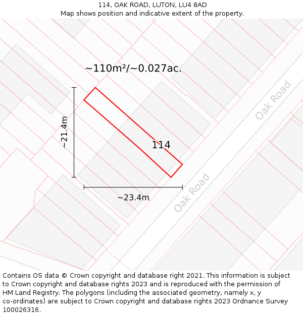 114, OAK ROAD, LUTON, LU4 8AD: Plot and title map