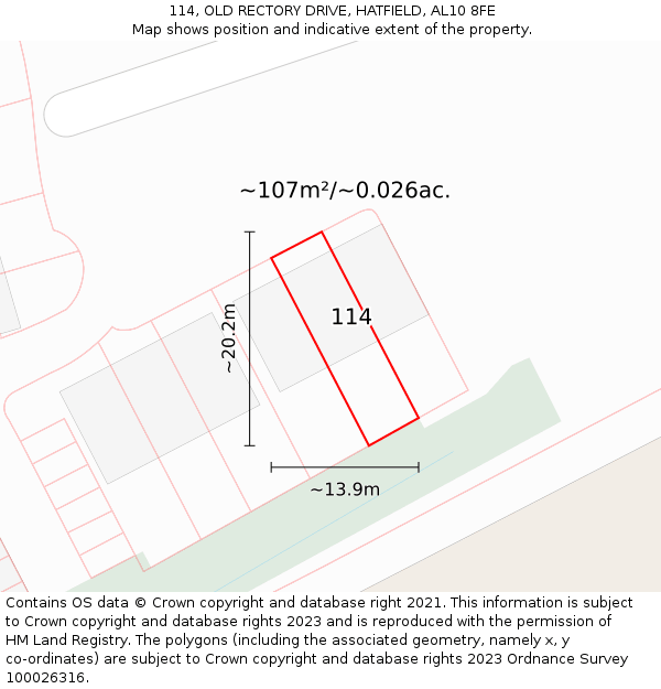 114, OLD RECTORY DRIVE, HATFIELD, AL10 8FE: Plot and title map