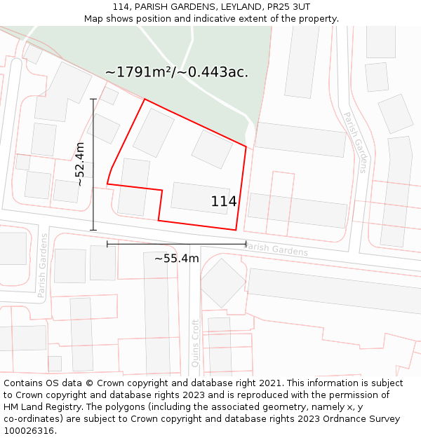 114, PARISH GARDENS, LEYLAND, PR25 3UT: Plot and title map