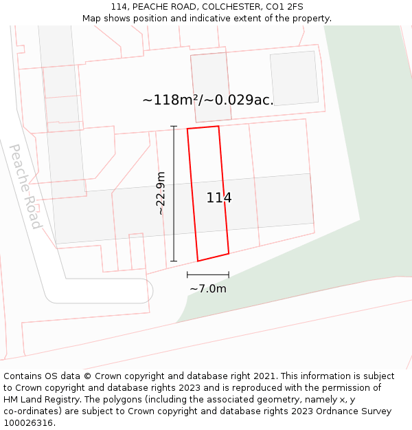 114, PEACHE ROAD, COLCHESTER, CO1 2FS: Plot and title map