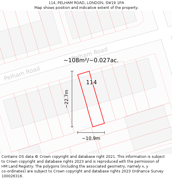 114, PELHAM ROAD, LONDON, SW19 1PA: Plot and title map