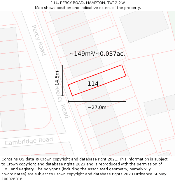 114, PERCY ROAD, HAMPTON, TW12 2JW: Plot and title map