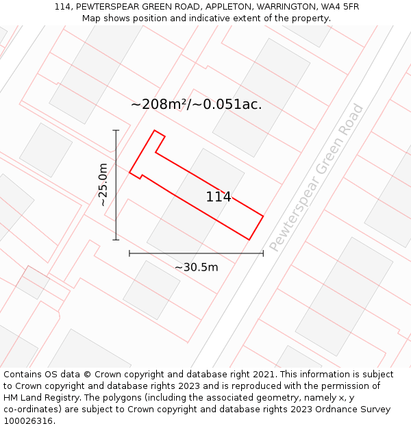 114, PEWTERSPEAR GREEN ROAD, APPLETON, WARRINGTON, WA4 5FR: Plot and title map