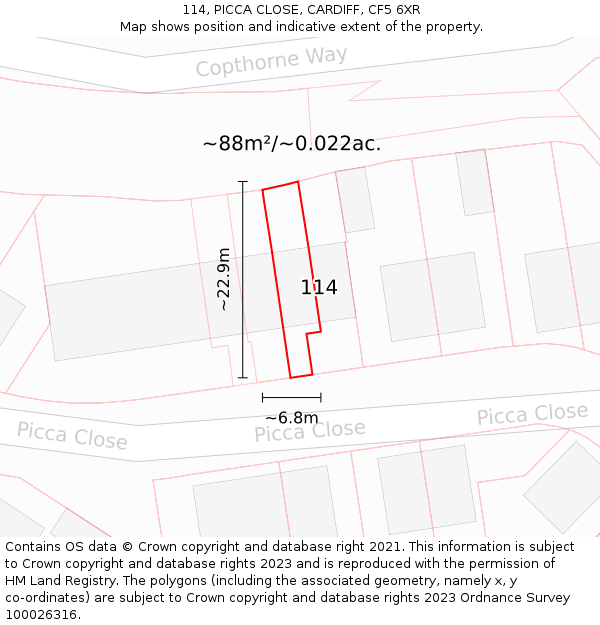 114, PICCA CLOSE, CARDIFF, CF5 6XR: Plot and title map