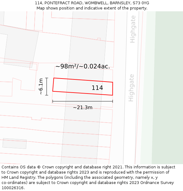 114, PONTEFRACT ROAD, WOMBWELL, BARNSLEY, S73 0YG: Plot and title map