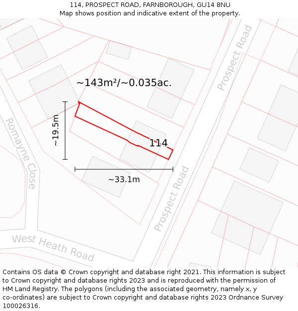 114, PROSPECT ROAD, FARNBOROUGH, GU14 8NU: Plot and title map