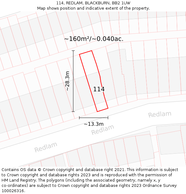 114, REDLAM, BLACKBURN, BB2 1UW: Plot and title map