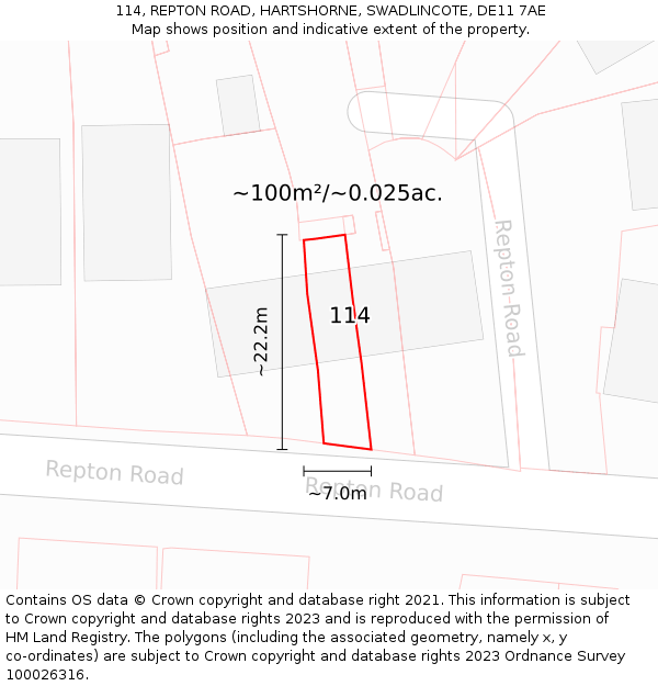 114, REPTON ROAD, HARTSHORNE, SWADLINCOTE, DE11 7AE: Plot and title map
