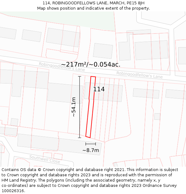 114, ROBINGOODFELLOWS LANE, MARCH, PE15 8JH: Plot and title map