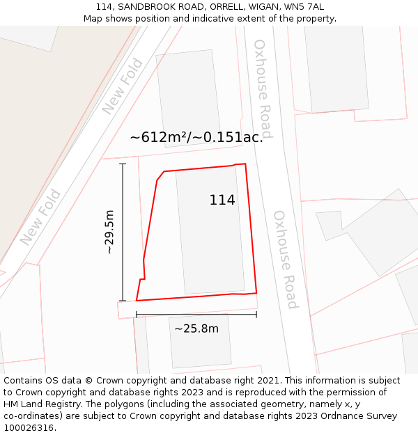 114, SANDBROOK ROAD, ORRELL, WIGAN, WN5 7AL: Plot and title map
