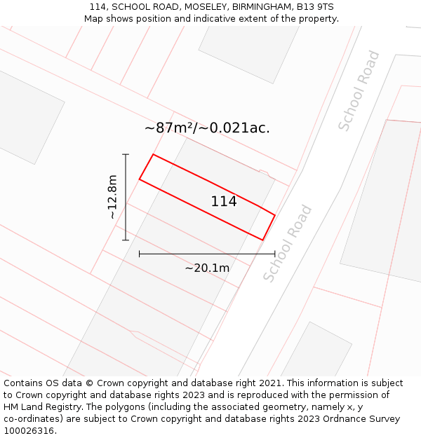 114, SCHOOL ROAD, MOSELEY, BIRMINGHAM, B13 9TS: Plot and title map
