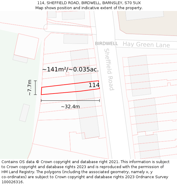 114, SHEFFIELD ROAD, BIRDWELL, BARNSLEY, S70 5UX: Plot and title map