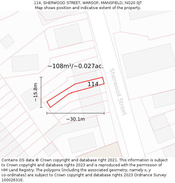 114, SHERWOOD STREET, WARSOP, MANSFIELD, NG20 0JT: Plot and title map
