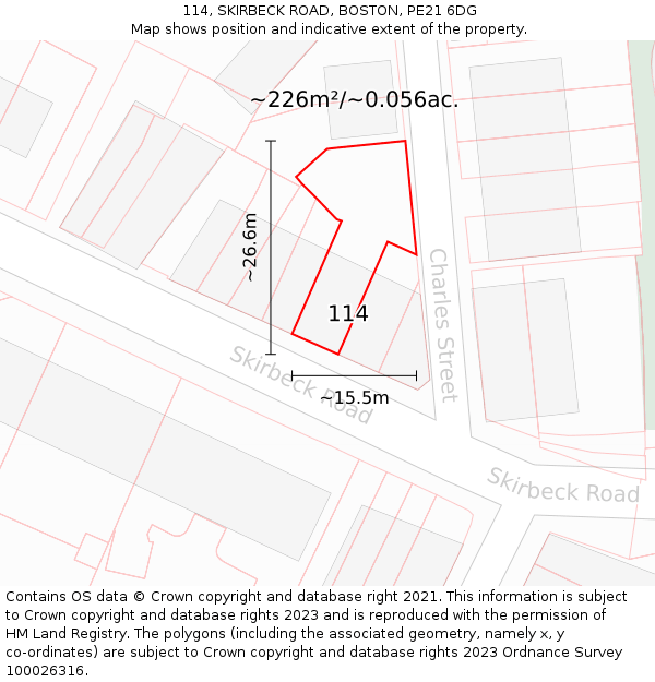 114, SKIRBECK ROAD, BOSTON, PE21 6DG: Plot and title map