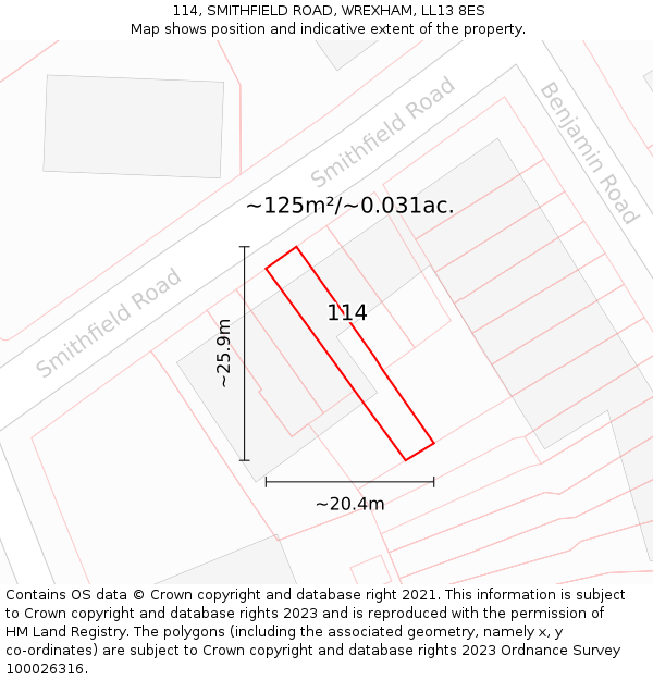 114, SMITHFIELD ROAD, WREXHAM, LL13 8ES: Plot and title map