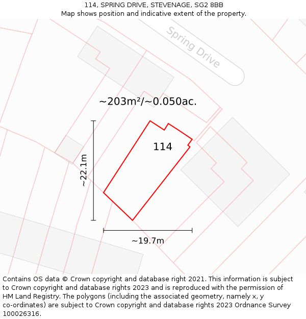 114, SPRING DRIVE, STEVENAGE, SG2 8BB: Plot and title map