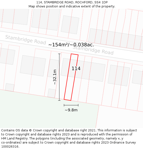 114, STAMBRIDGE ROAD, ROCHFORD, SS4 1DP: Plot and title map