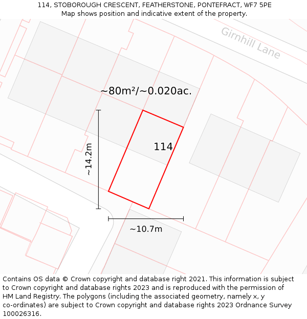114, STOBOROUGH CRESCENT, FEATHERSTONE, PONTEFRACT, WF7 5PE: Plot and title map