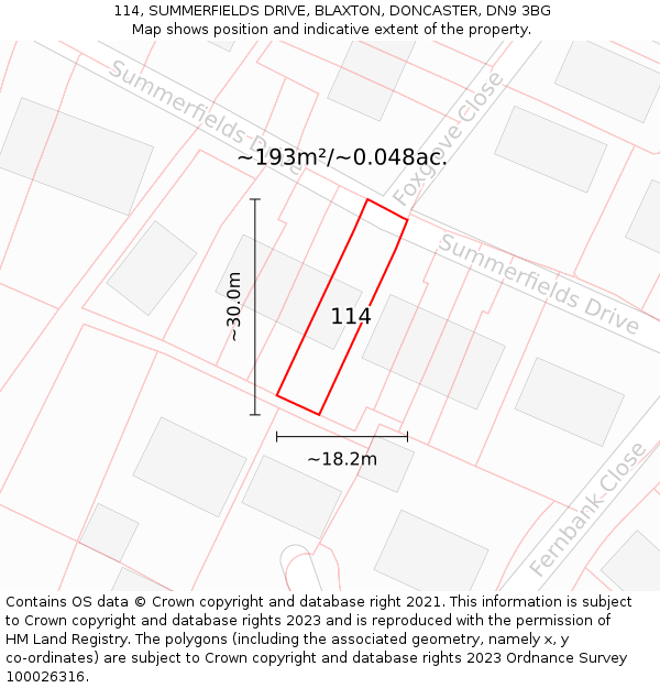 114, SUMMERFIELDS DRIVE, BLAXTON, DONCASTER, DN9 3BG: Plot and title map