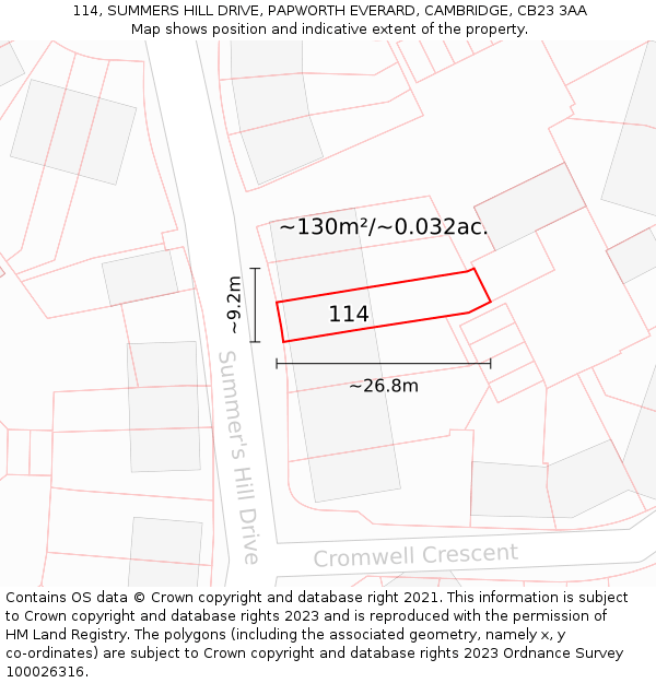 114, SUMMERS HILL DRIVE, PAPWORTH EVERARD, CAMBRIDGE, CB23 3AA: Plot and title map