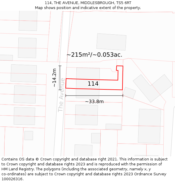 114, THE AVENUE, MIDDLESBROUGH, TS5 6RT: Plot and title map