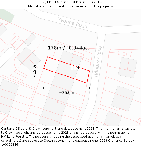 114, TIDBURY CLOSE, REDDITCH, B97 5LW: Plot and title map