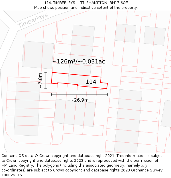 114, TIMBERLEYS, LITTLEHAMPTON, BN17 6QE: Plot and title map