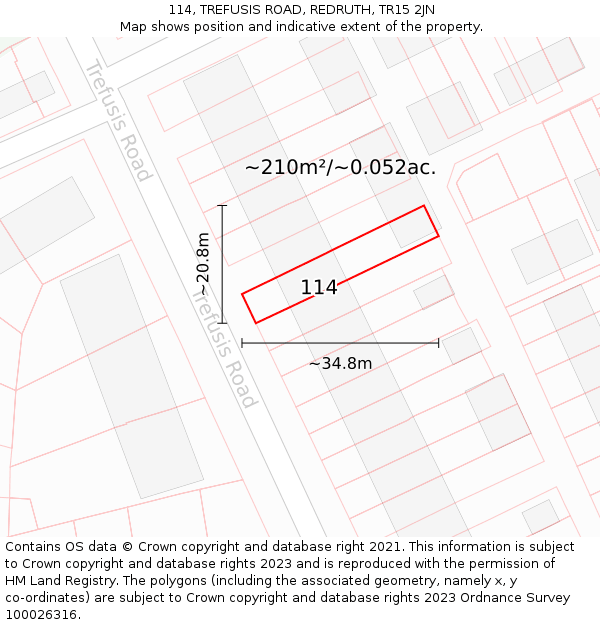 114, TREFUSIS ROAD, REDRUTH, TR15 2JN: Plot and title map
