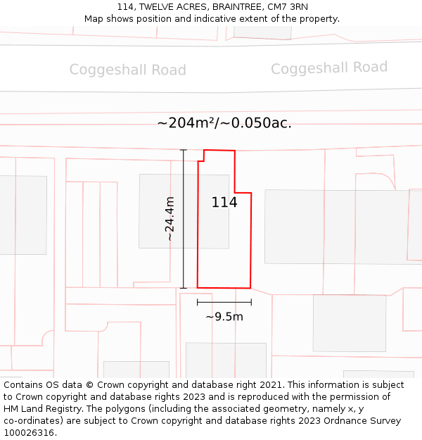 114, TWELVE ACRES, BRAINTREE, CM7 3RN: Plot and title map