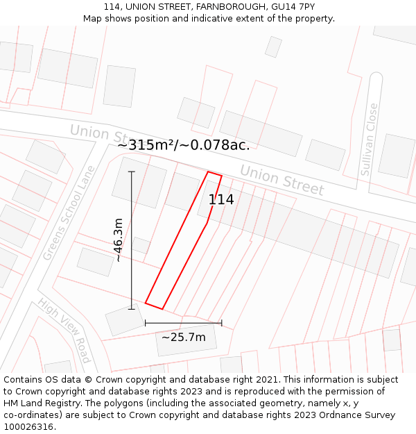 114, UNION STREET, FARNBOROUGH, GU14 7PY: Plot and title map