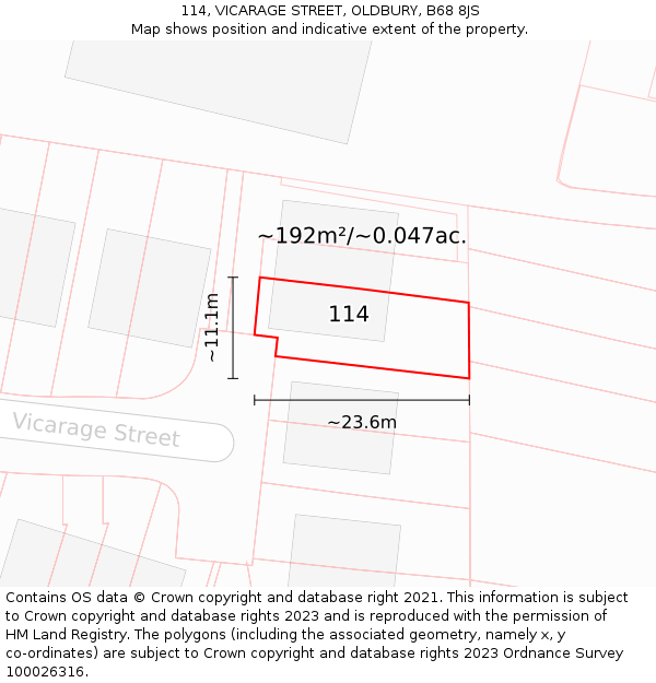114, VICARAGE STREET, OLDBURY, B68 8JS: Plot and title map