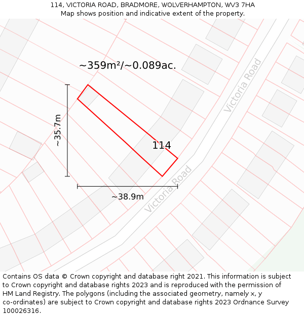 114, VICTORIA ROAD, BRADMORE, WOLVERHAMPTON, WV3 7HA: Plot and title map