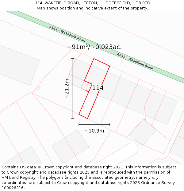 114, WAKEFIELD ROAD, LEPTON, HUDDERSFIELD, HD8 0ED: Plot and title map