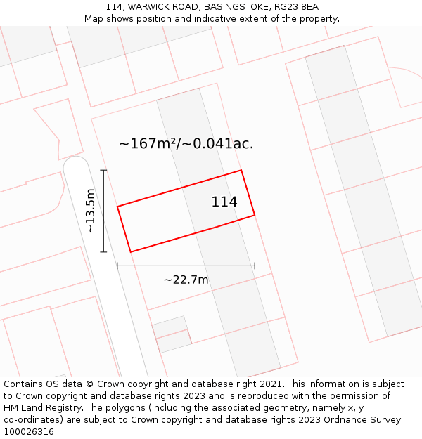114, WARWICK ROAD, BASINGSTOKE, RG23 8EA: Plot and title map