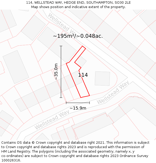 114, WELLSTEAD WAY, HEDGE END, SOUTHAMPTON, SO30 2LE: Plot and title map