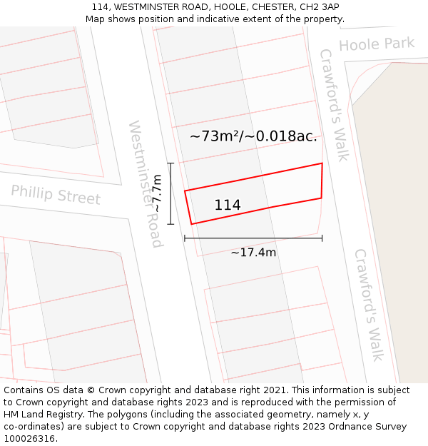 114, WESTMINSTER ROAD, HOOLE, CHESTER, CH2 3AP: Plot and title map