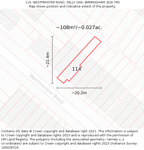 114, WESTMINSTER ROAD, SELLY OAK, BIRMINGHAM, B29 7RS: Plot and title map