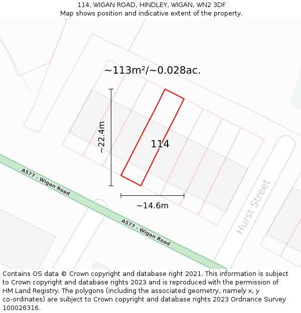 114, WIGAN ROAD, HINDLEY, WIGAN, WN2 3DF: Plot and title map