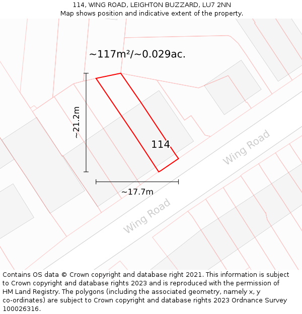 114, WING ROAD, LEIGHTON BUZZARD, LU7 2NN: Plot and title map