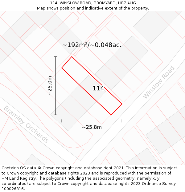114, WINSLOW ROAD, BROMYARD, HR7 4UG: Plot and title map