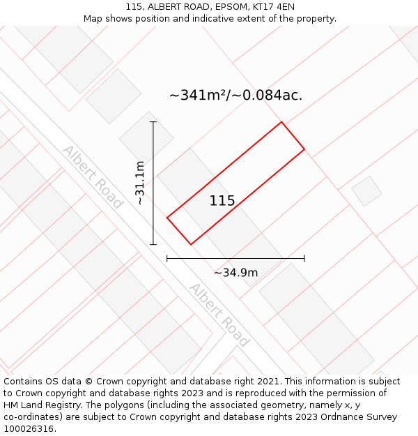 115, ALBERT ROAD, EPSOM, KT17 4EN: Plot and title map