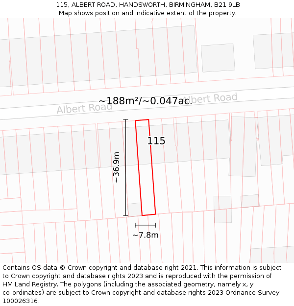 115, ALBERT ROAD, HANDSWORTH, BIRMINGHAM, B21 9LB: Plot and title map