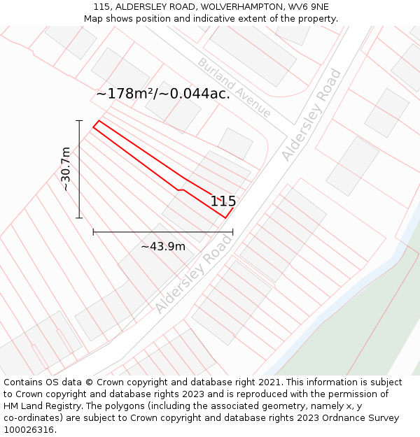 115, ALDERSLEY ROAD, WOLVERHAMPTON, WV6 9NE: Plot and title map